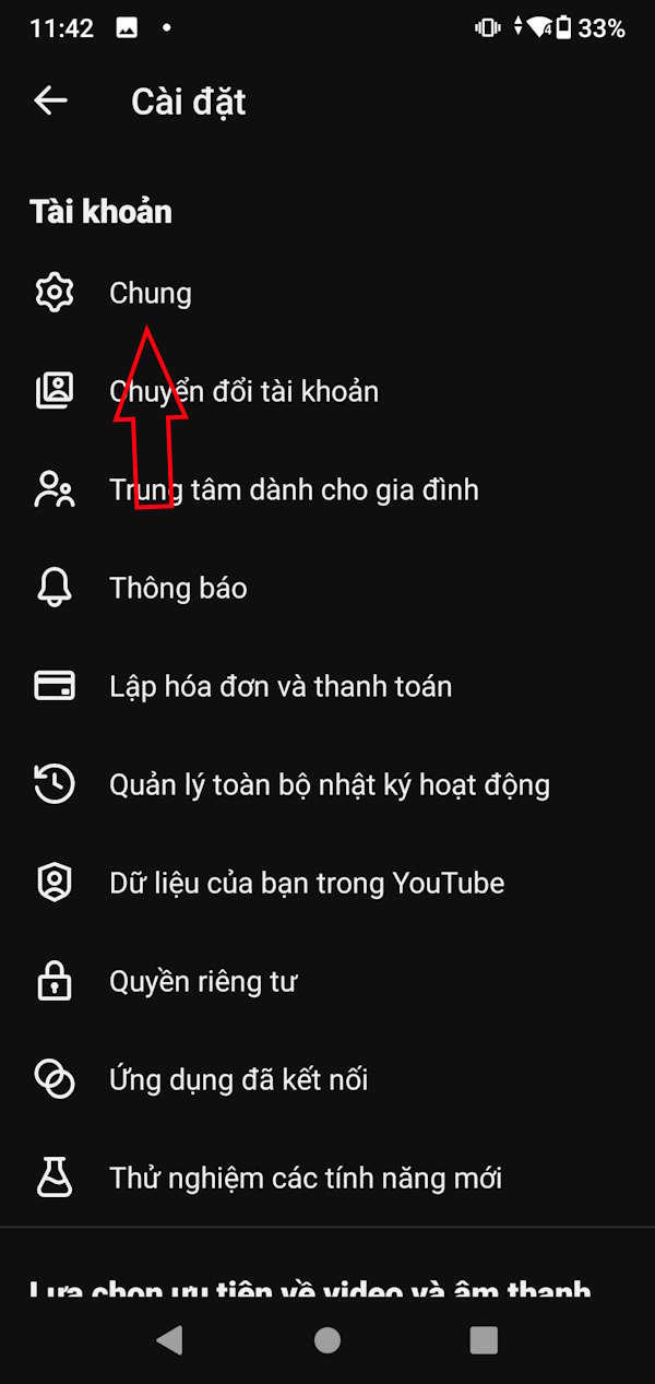 Cài đặt chung YouTube