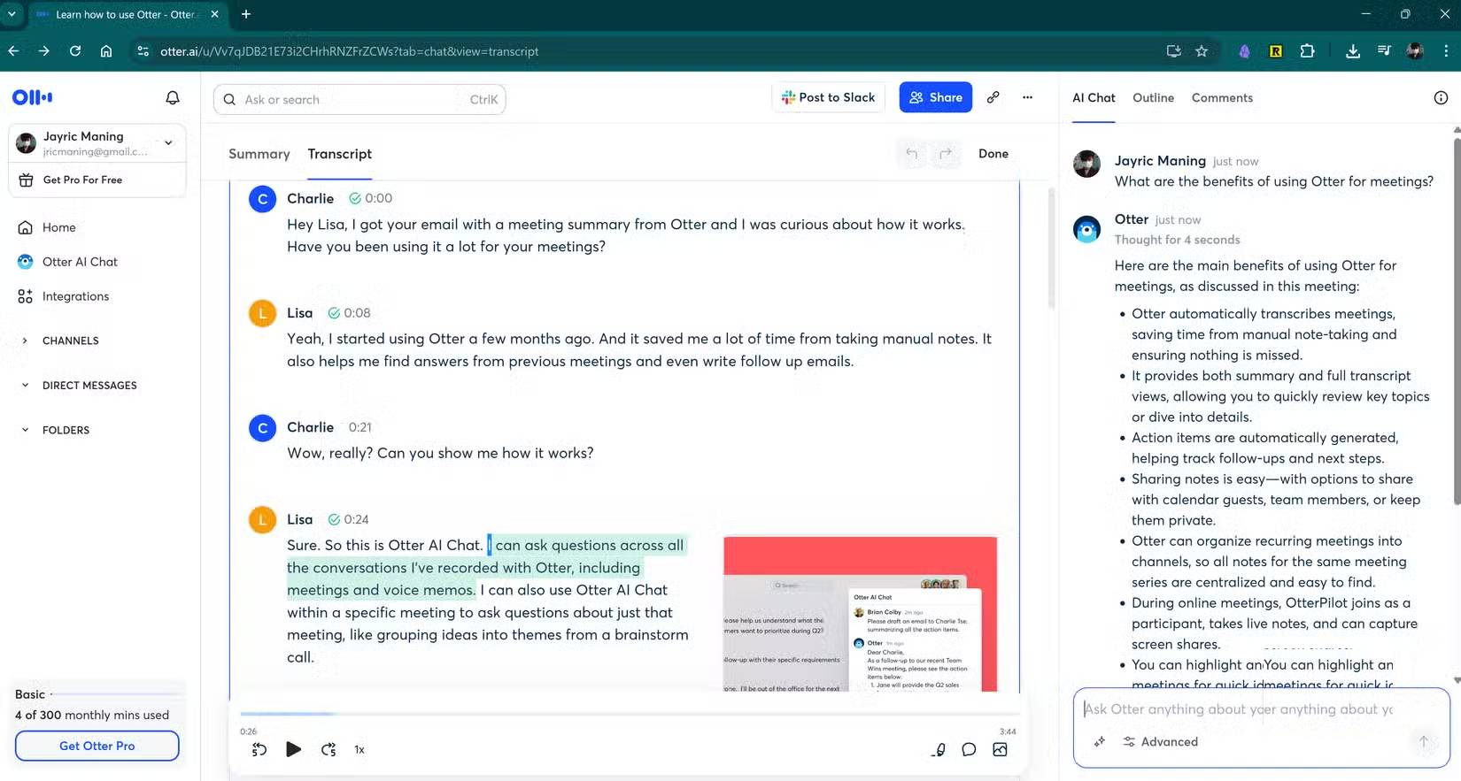 Otter.ai cung cấp các tính năng nâng cao như ghi nhật ký và tóm tắt người nói