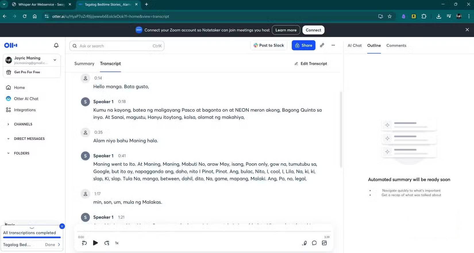 Phiên âm cùng một video với Otter.ai