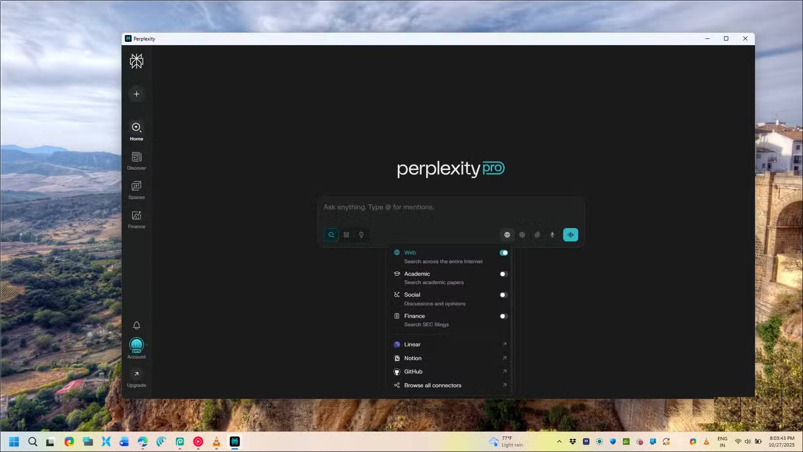 Tùy chọn thiết lập nguồn Perplexity mở trên Windows 11