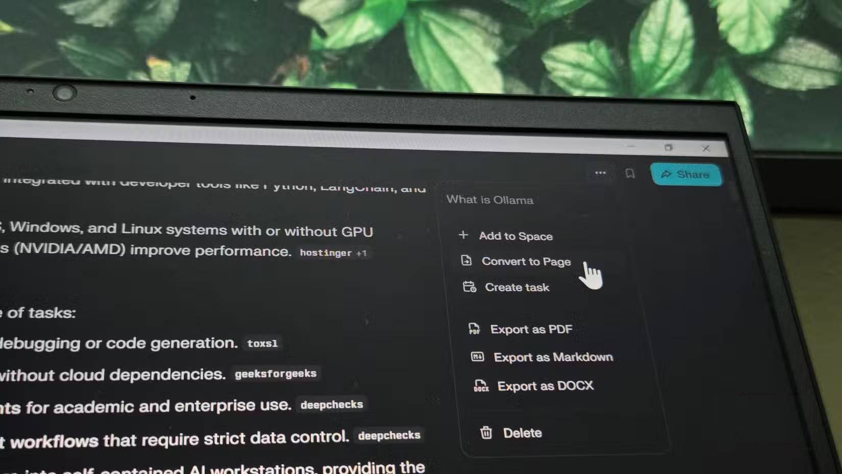 Tùy chọn Concert to Page hiển thị trong Perplexity