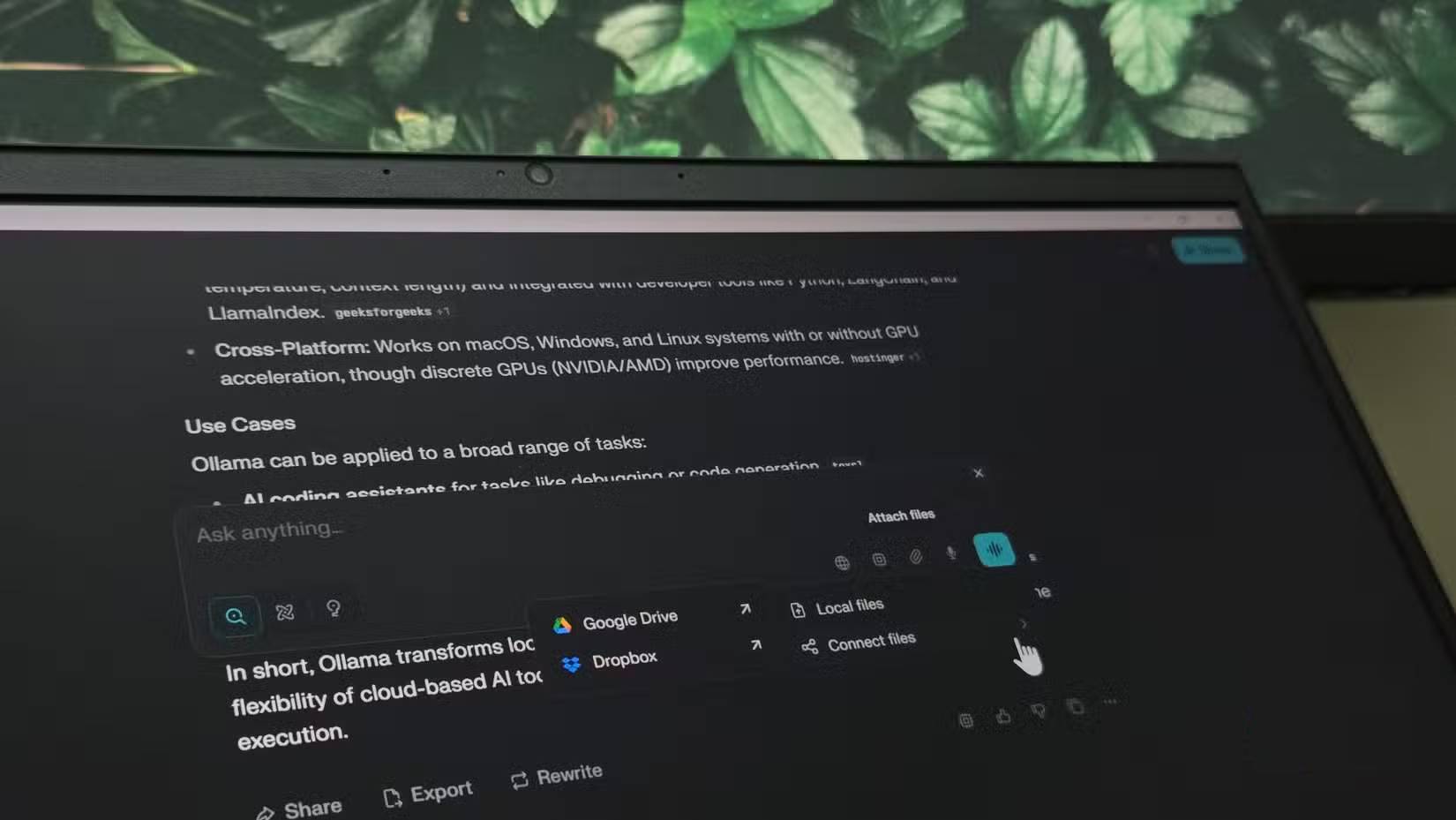Tùy chọn đính kèm file của Perplexity