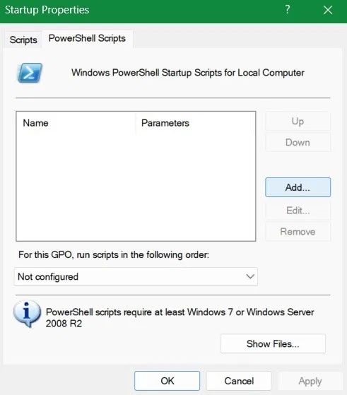 Thẻ "script PowerShell" trong cửa sổ Startup Properties