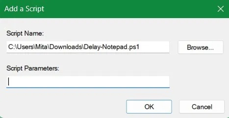 Sử dụng script PowerShell đã lưu trong Add a Script