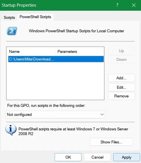 Nhấp vào Apply > OK trong cửa sổ script PowerShell