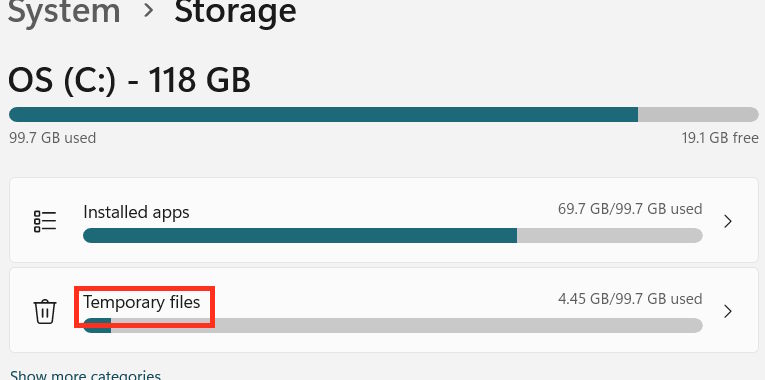 Temporary files Settings
