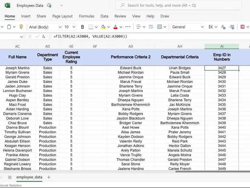 Bảng tính Excel hiển thị mã nhân viên dưới dạng số bằng hàm VALUE