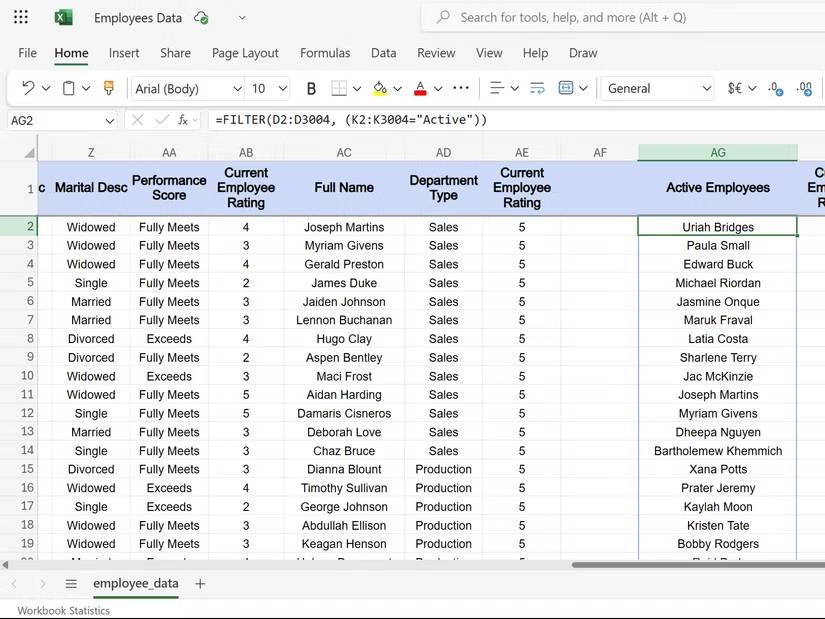 Bảng tính Excel có danh sách nhân viên đang hoạt động sử dụng hàm FILTER