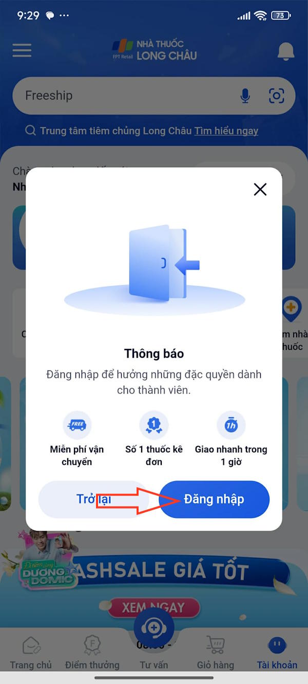 Đăng nhập ứng dụng Nhà thuốc Long Châu