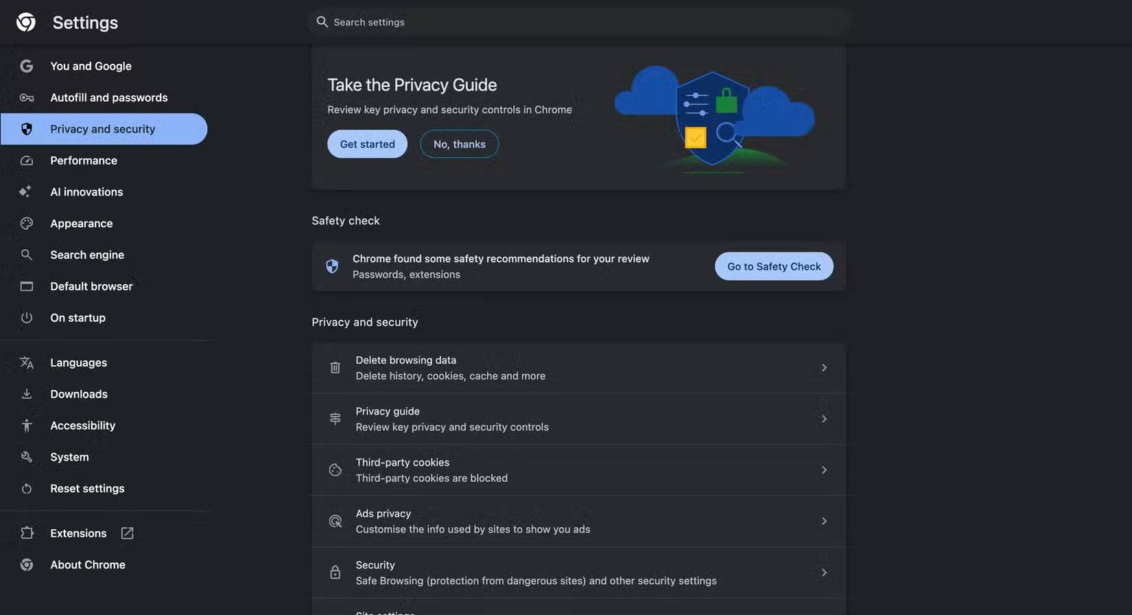 Phần cài đặt quyền riêng tư của Chrome
