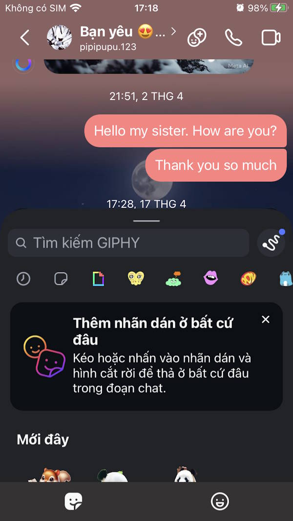 Thả sticker tin nhắn Instagram