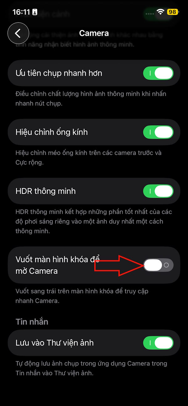 Tắt vuốt trái mở Camera iPhone