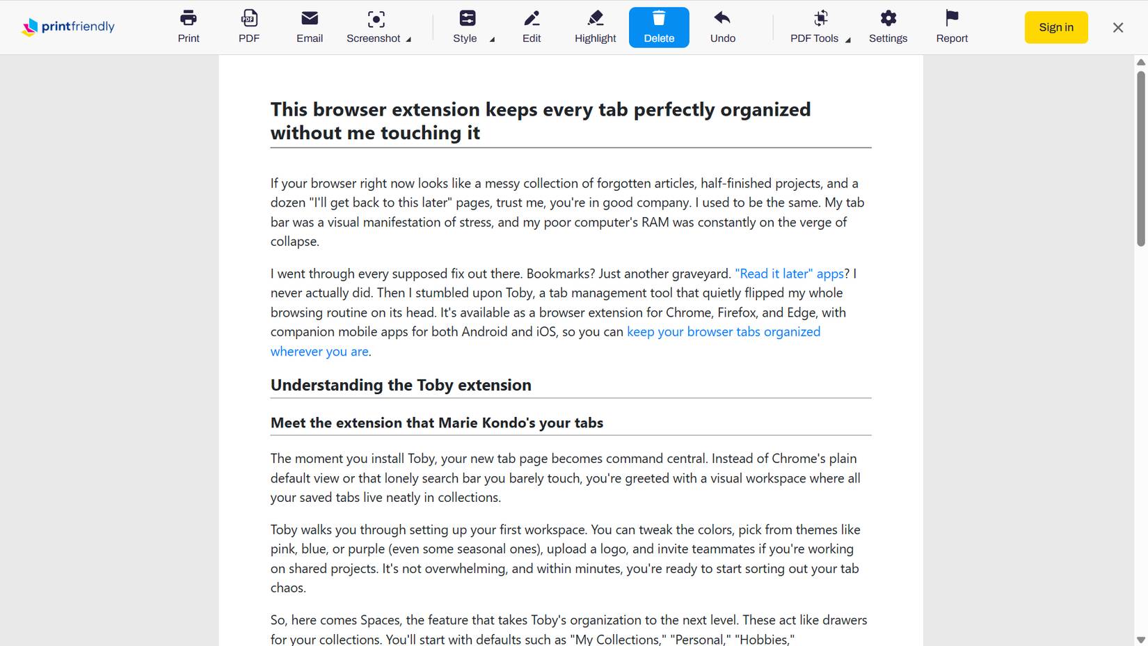 Tiện ích mở rộng PrintFriendly đang được sử dụng