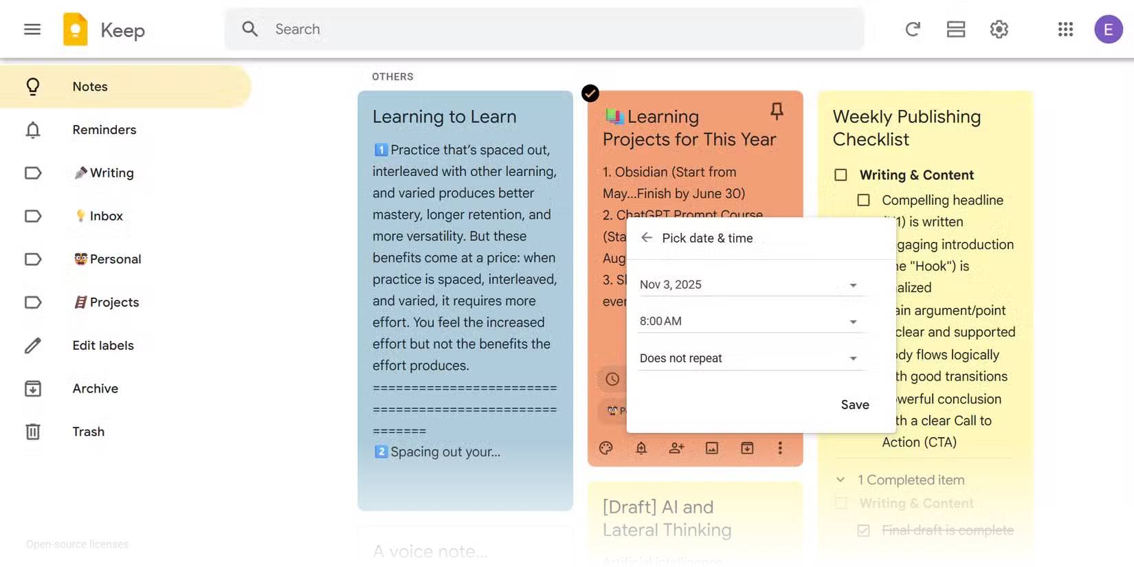 Lời nhắc và danh sách kiểm tra cho các nhiệm vụ trong Google Keep