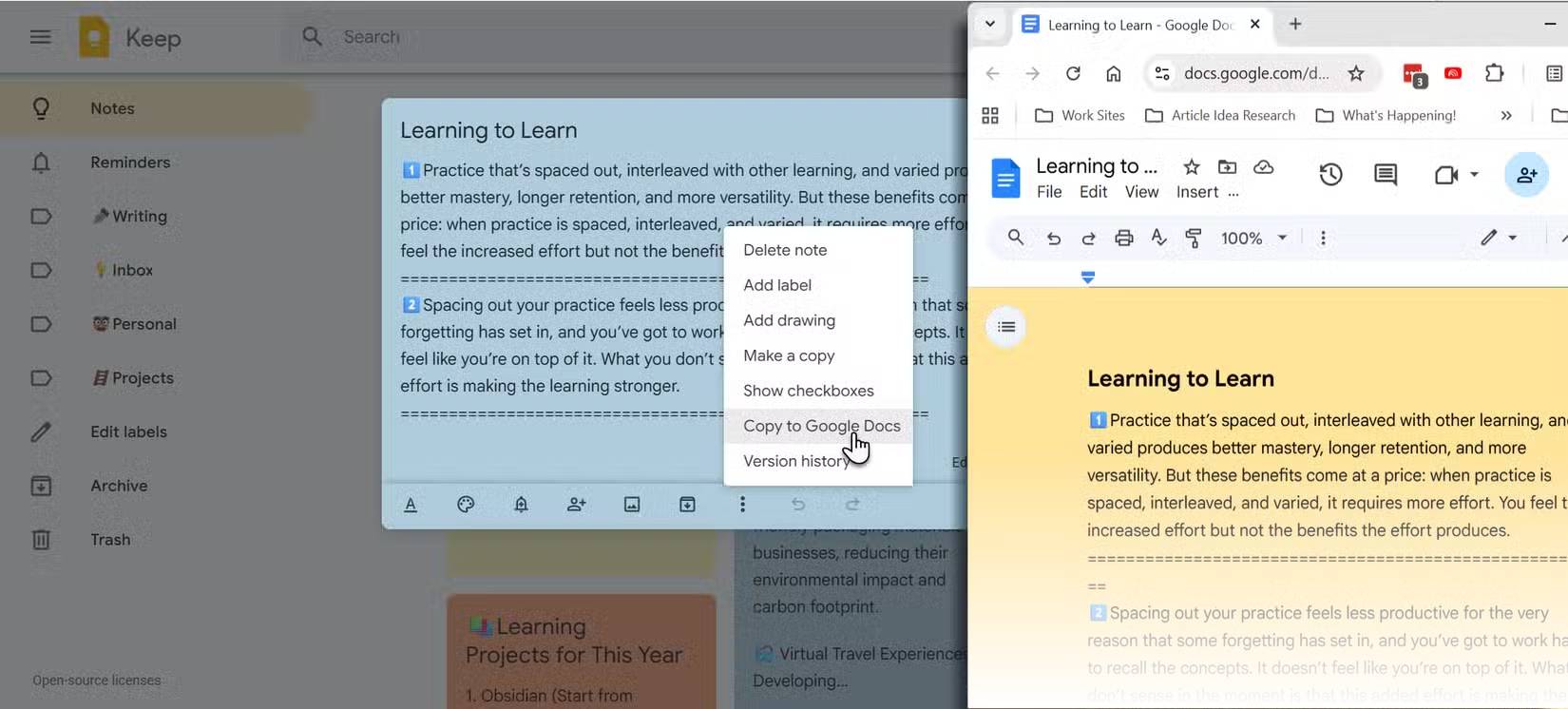 Tính năng Copy to Google Docs của Google Keep