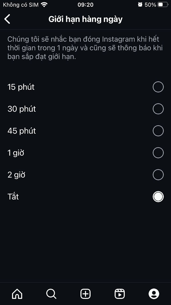 Thời gian giới hạn dùng Instagram