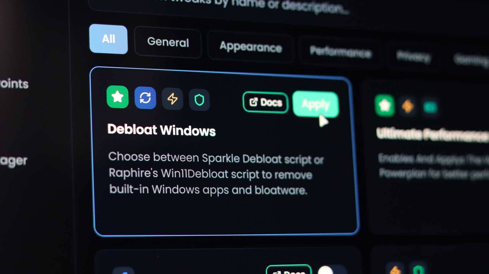 Tùy chọn gỡ bỏ phần mềm rác Windows trong Sparkle