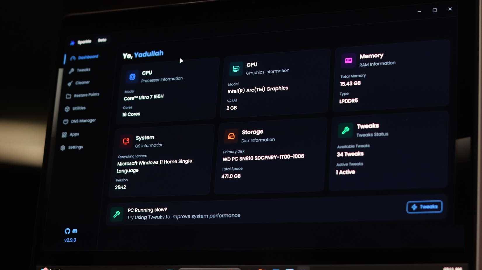 Bảng điều khiển chính Sparkle