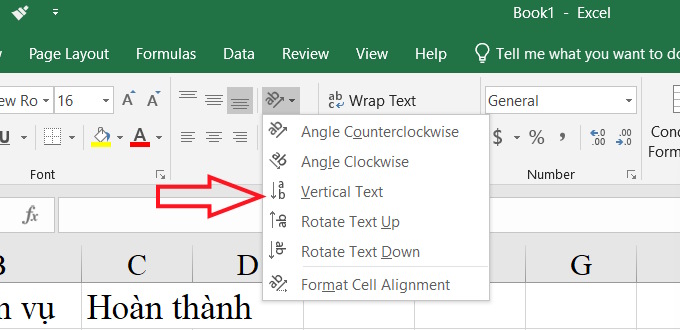 Tùy chọn xoay chữ trong Excel