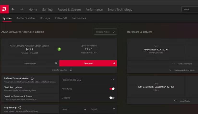 AMD Software cập nhật driver đồ họa