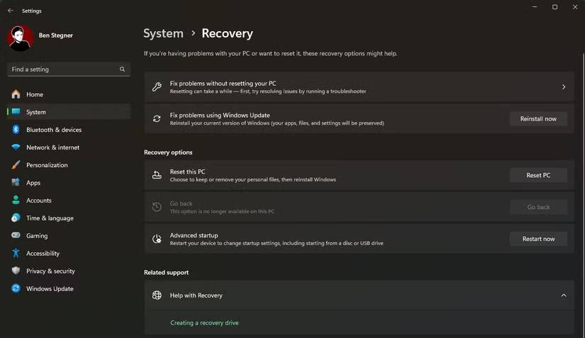 Tùy chọn menu khôi phục Windows 11