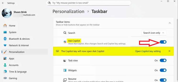 Tắt Ask Copilot Taskbar Windows 11