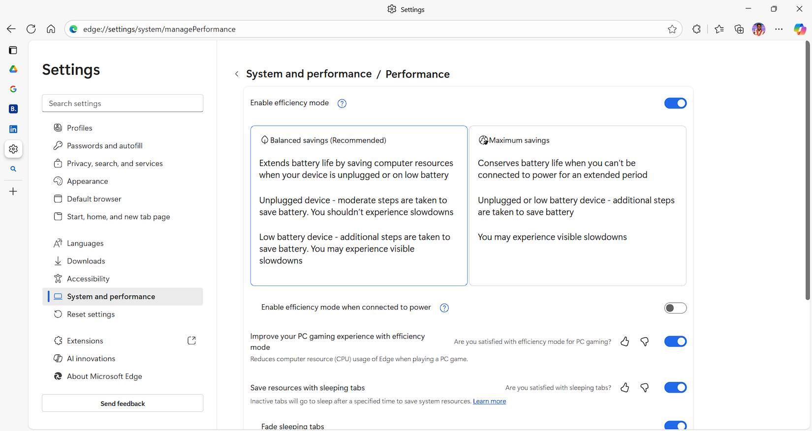 Cài đặt chế độ Efficiency trong trình duyệt Edge