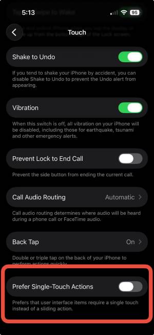Nút chuyển đổi Prefer Single-Touch Actions