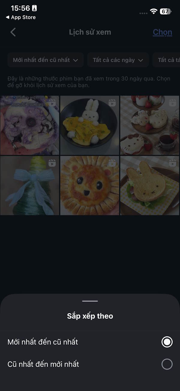 Lọc video Reels đã xem