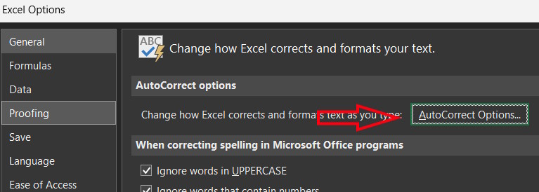AutoCorrect Options Excel