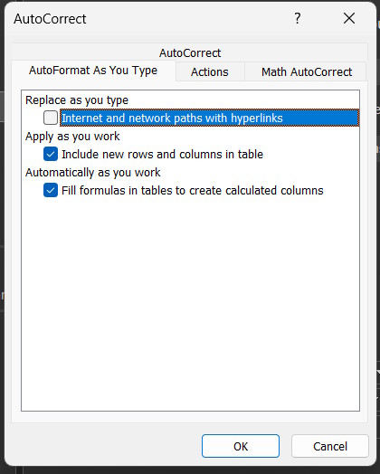 Tắt tự động liên kết trong Excel
