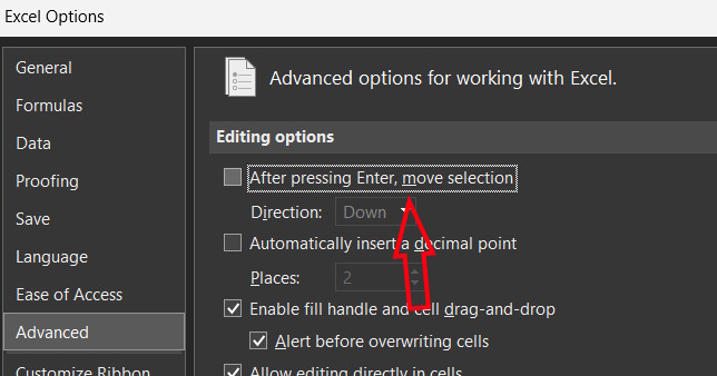 Giữ nguyên ô khi nhấn Enter