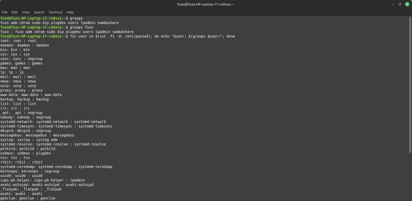 Sử dụng lệnh groups cho nhiều người dùng
