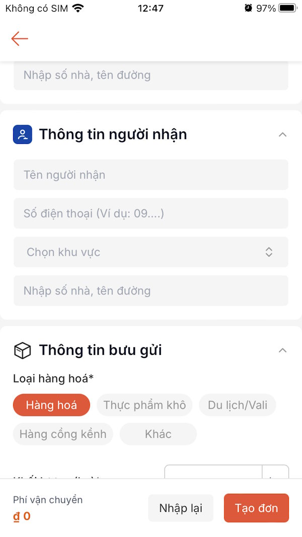 Điền thông tin đơn hàng