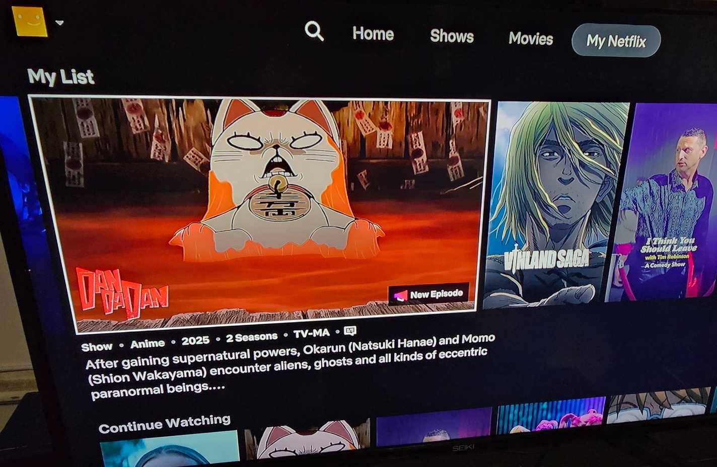 Menu My Netflix, hiển thị một hàng phim và chương trình được thêm vào danh sách theo dõi của người dùng