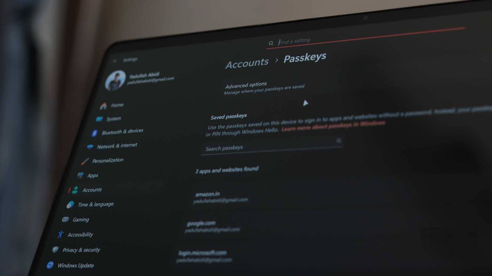 Menu cài đặt passkey trong Windows Settings