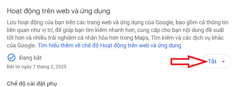 Tắt hoạt động của web và ứng dụng Google