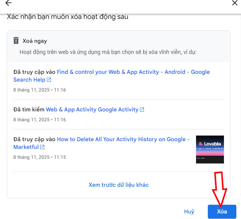 Xóa hoạt động ứng dụng Google
