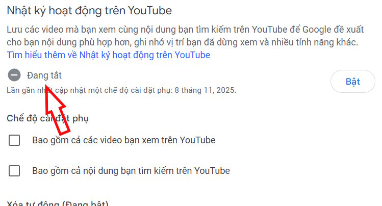Tắt nhật ký hoạt động trên YouTube