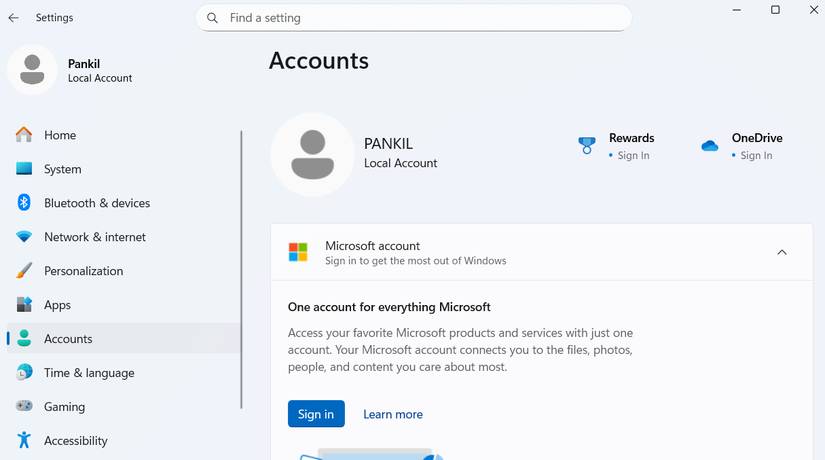 Menu tài khoản cục bộ trên máy tính Windows 11
