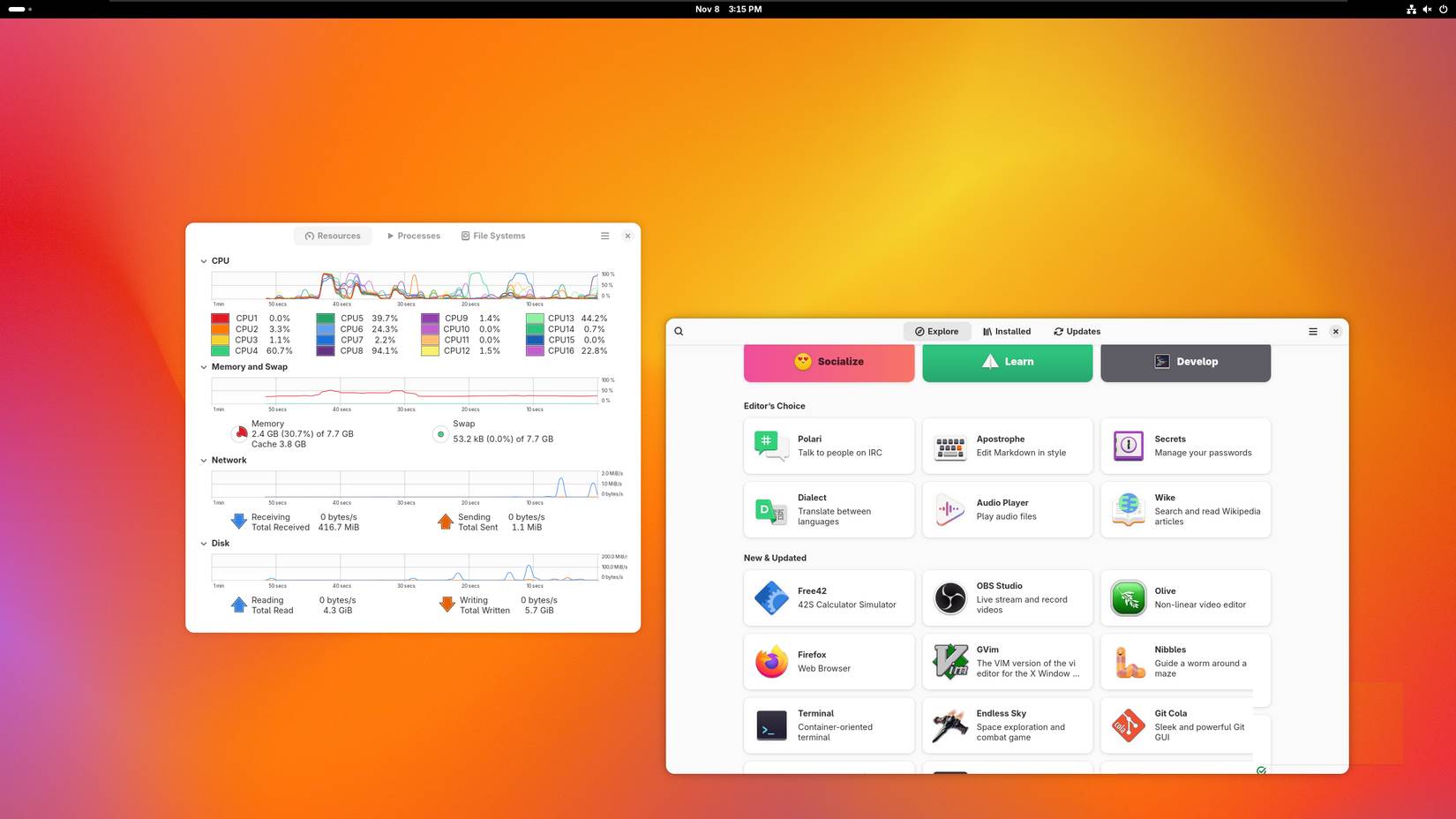 Fedora Silverblue với Activity Monitor và cửa hàng ứng dụng mở