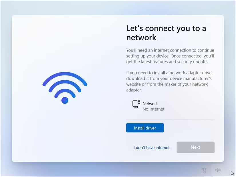 Tùy chọn I don't have internet trên màn hình thiết lập Windows 11