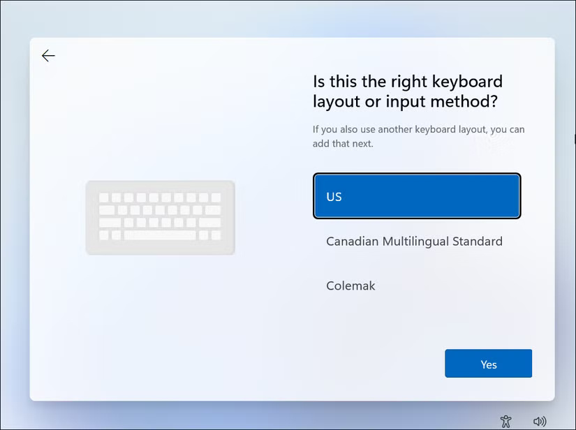 Màn hình thiết lập Windows 11 với tùy chọn chọn ngôn ngữ bàn phím