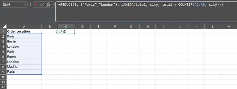 Đếm nhiều mục độc lập trong một lần chạy bằng hàm REDUCE trong EXCEL.