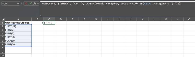 Tính tổng số lượng được nhúng trong chuỗi văn bản hỗn hợp bằng hàm REDUCE trong Excel.