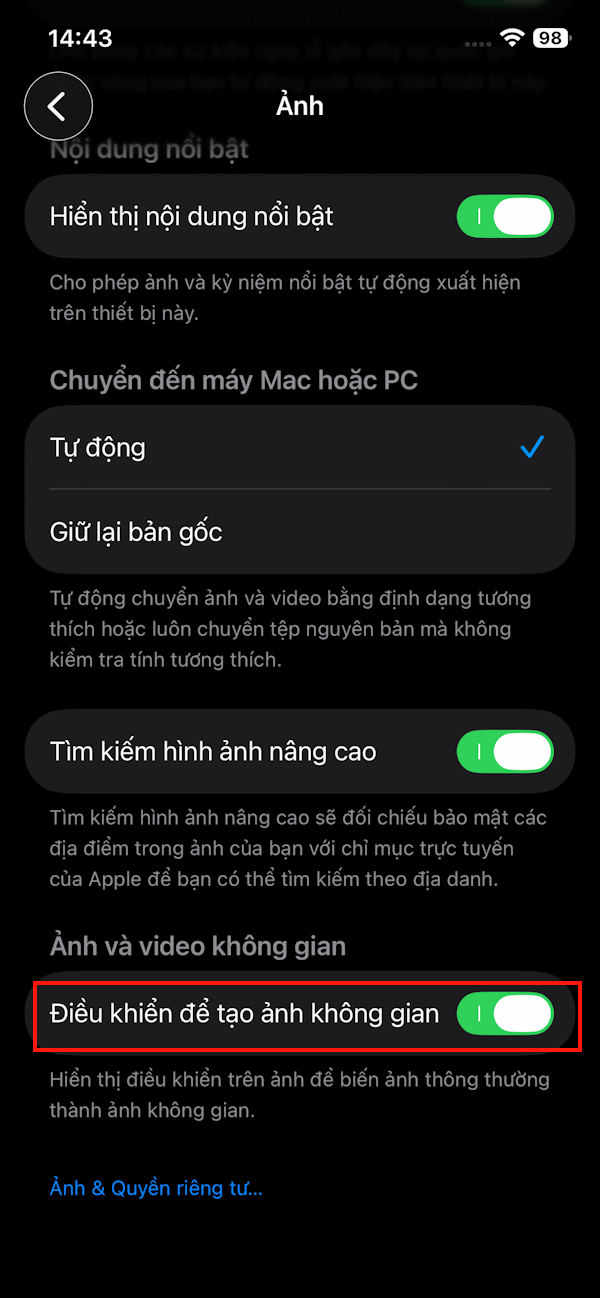 Bật chế độ ảnh không gian iPhone