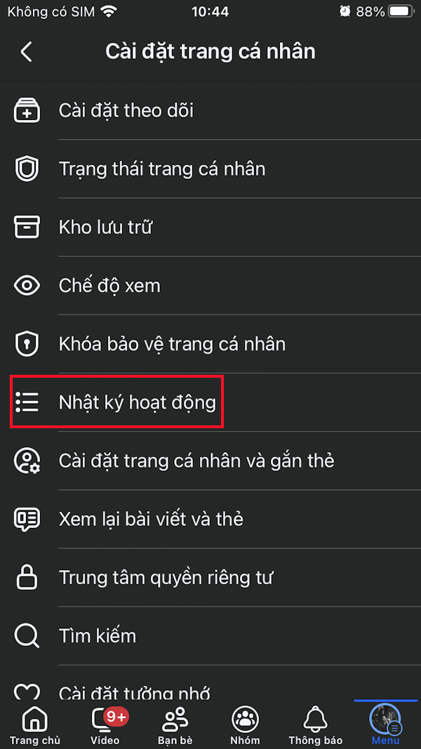 Nhật ký hoạt động Facebook điện thoại