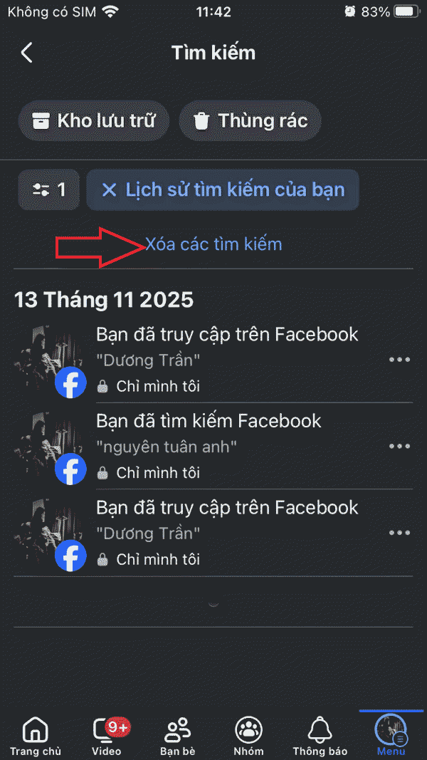 Xóa các tìm kiếm Facebook