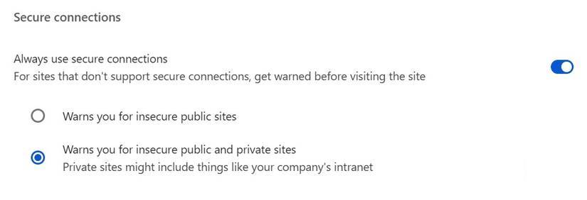 Google Chrome luôn sử dụng cài đặt bật/tắt kết nối an toàn.