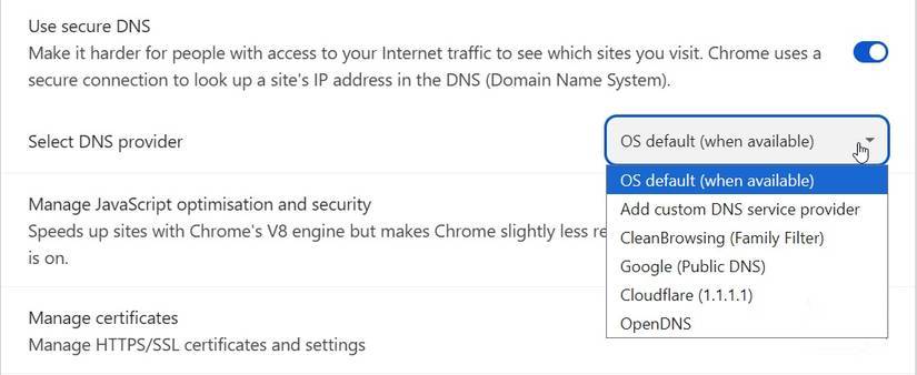 Tùy chọn cấu hình Secure DNS của Google Chrome.